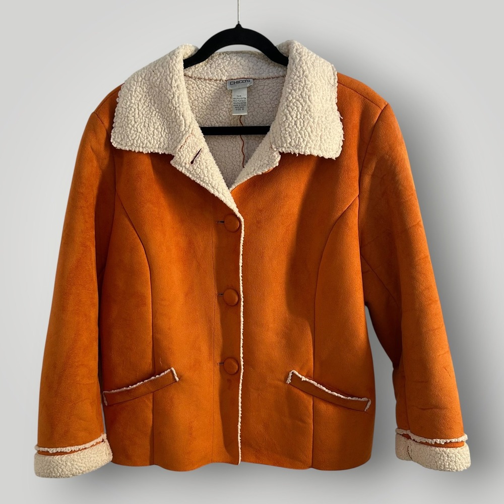 Chico's Cozy Orange Sherpa Jacket Coat Size 3 (XL/16) Western Boho 70s